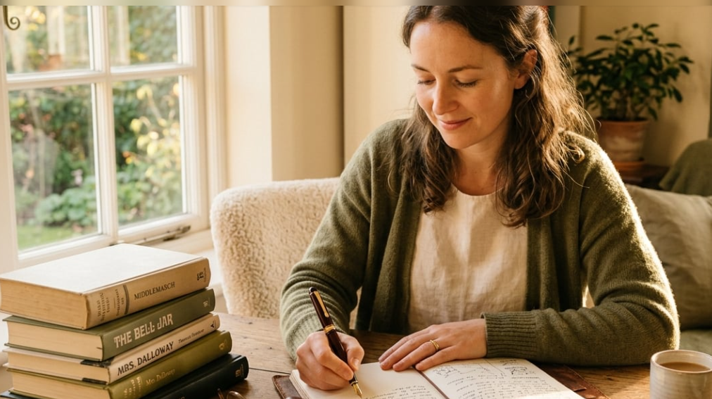 Katarzyna Krawiecka writing at her desk surrounded by books